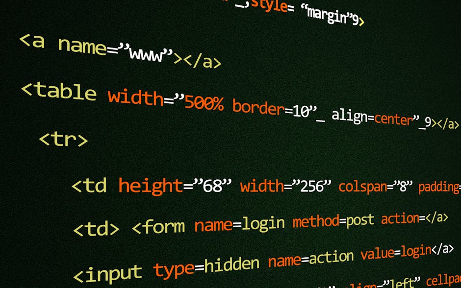 Close-up image of a digital screen displaying HTML code with yellow and red colored tags and attributes, including <table>, <tr>, <td>, and <form>, on a dark background. The code appears to be related